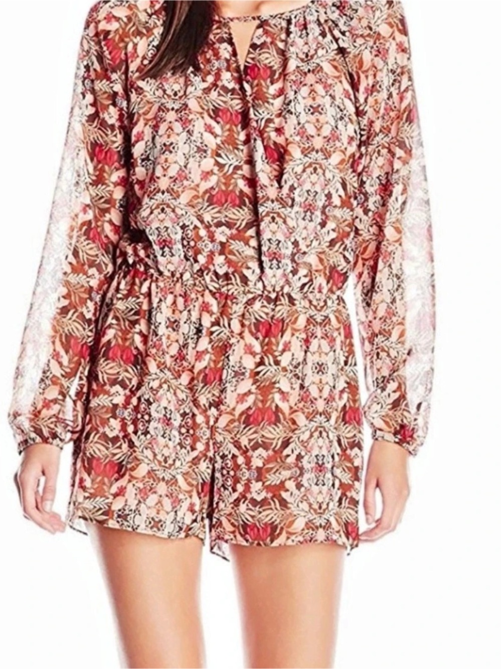 BCBG romper copper Floral Long Sleeve sheer faux wrap sz M EUC lk new